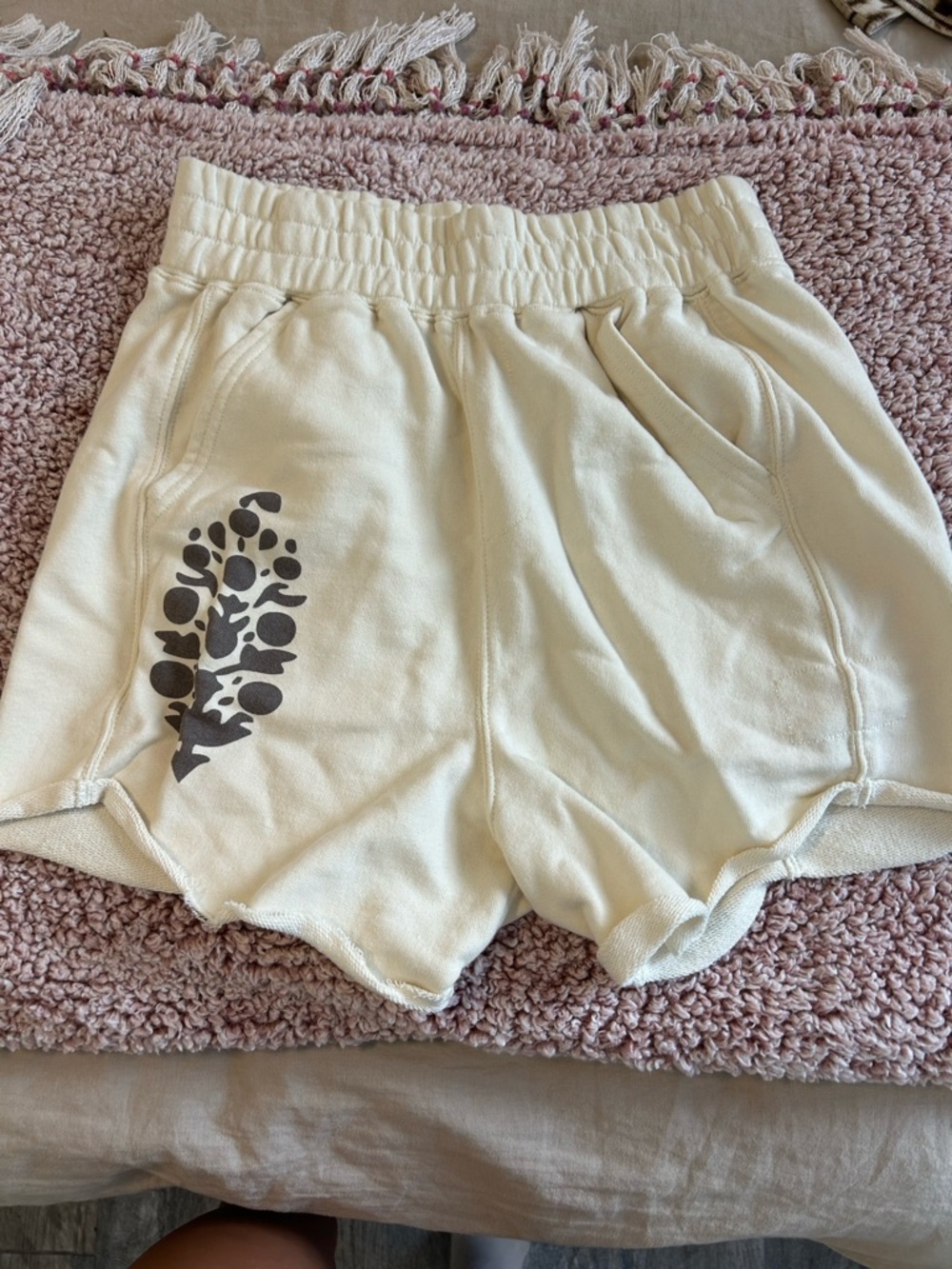 Free People Cream Athletic Shorts with Black/Brown Graphic